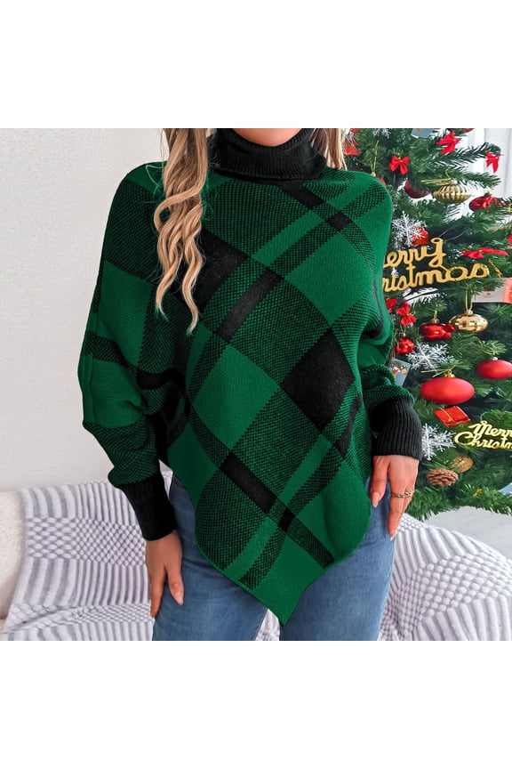 Womens Turtleneck Swearters Chunky Plaid Knit Pullover Oversized Batwing Long Sleeve Jumper Casual Color Block Asymmetrical Hemline Tops