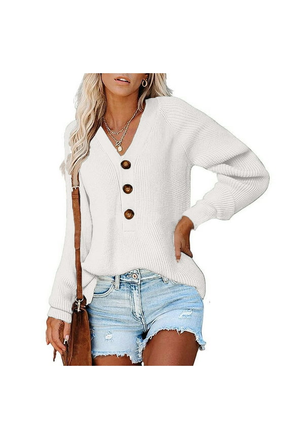 Womens V Neck Sweater Casual Half Button Knit Jumper Cozy Long Sleeve Solid Color Pullover