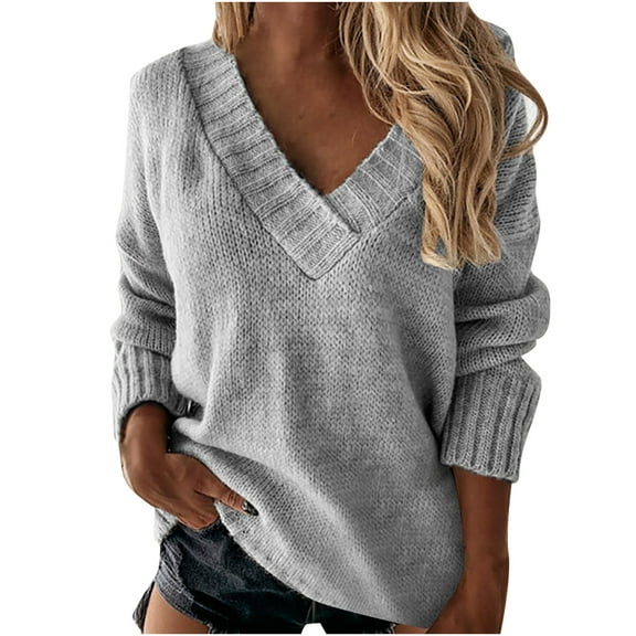 AGWOLF Womens V Neck Sweater Chunky Oversized Solid Basic Tops Casual Knit Long Sleeve Sweaters