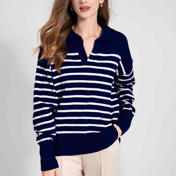 AGWOLF Womens V Neck Sweater Striped Ribbed Knit Jumper Shirts Lapel Collar Long Sleeve Pullover Tops