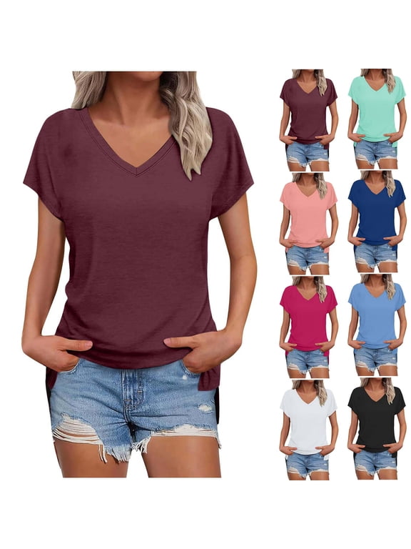 Womens V Neck T Shirts Short Sleeve Tops Loose Fit Side Split Shirts Summer Basic Tees Hot Pink S