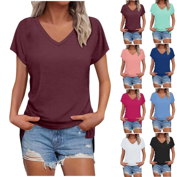 AGWOLF Womens V Neck T Shirts Short Sleeve Tops Loose Fit Side Split Shirts Summer Basic Tees Orange XL