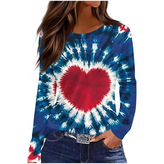 AGWOLF Womens Valentines Day Shirts Long Sleeve Heart Graphic Tees Funny Tie Dye Crew Neck Sweatshirts Holiday Plus Size Tops