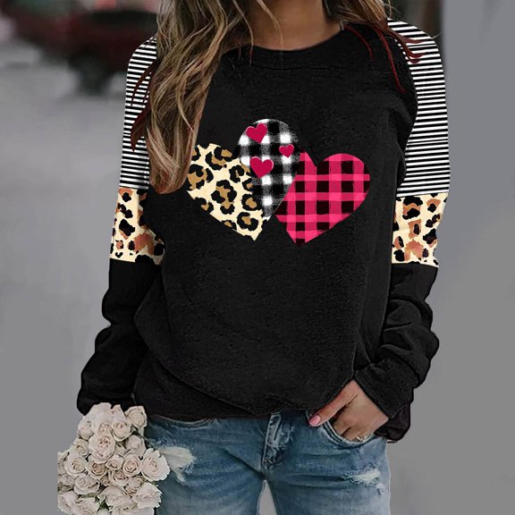 AGWOLF Womens Valentines Sweatshirts Long Sleeve Holiday Tops Cute Plaid Heat Graphic Tees Plus Size Leopard Print Shirts Valentines Gifts for Women