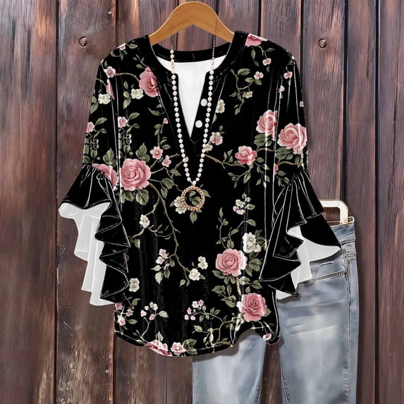 AGWOLF Womens Velvet V Neck Tshirts Ruffle 3/4 sleeve Tops Casual Floral Tunic Blouses Loose Fit Pleated Shirts Graphic Tees