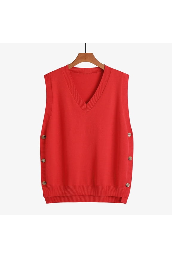 Womens Vest Sweater Comfy V Neck Ribbed Knit Pullover Causal Side Button Sleeveless Jumper Top