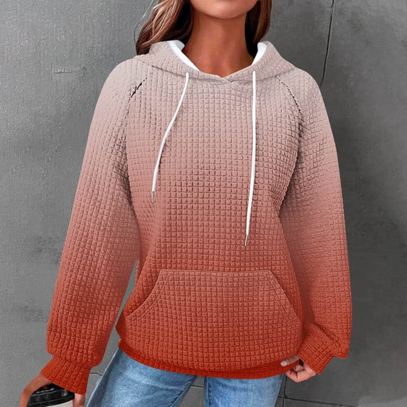 AGWOLF Womens Waffle Knit Hoodies Trendy Long Sleeve Cradient Sweatshirts Casual Drawstring Hooded Pullover Fall Travel Shirts