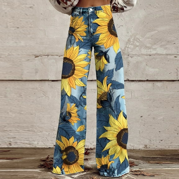 AGWOLF Womens Wide Leg Jeans Causal High Waist Floral Print Flare Pants Stretchy Baggy Boyfriend Streetwear Domin Pants
