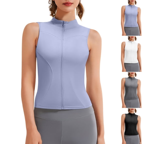 AGWOLF Womens Workout Tank Tops Full Zip Up Sleeveless Slim Shirts UPF 50 Sport Running Vest Gym Fitness Exercise Yoga Top Gray L