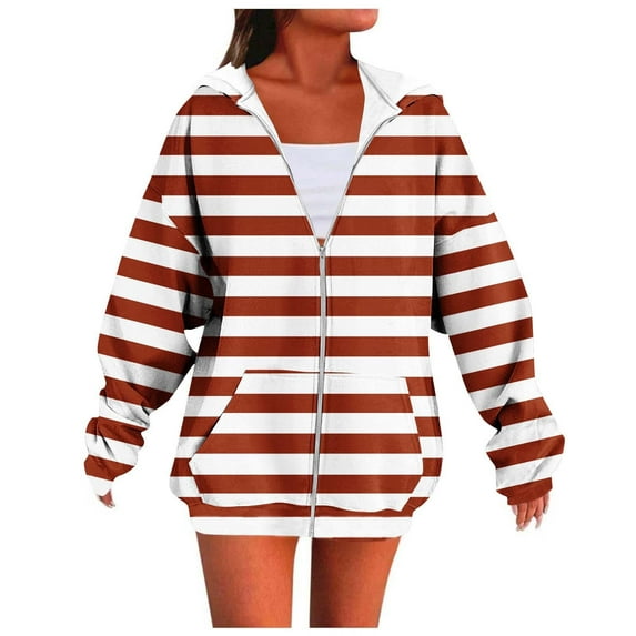 AGWOLF Zip Up Hoodie for Women Lightweight Striped Hooded Sweatshirt with Pockets Vintage Long Sleeve Jacket