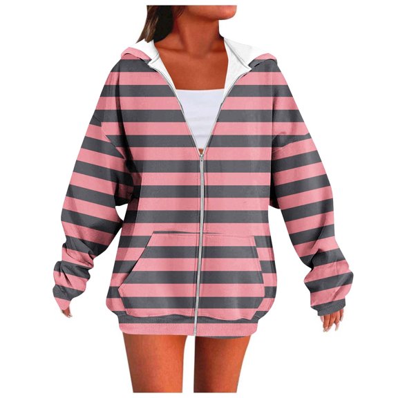 AGWOLF Zip Up Hoodie for Women Lightweight Striped Hooded Sweatshirt with Pockets Vintage Long Sleeve Jacket