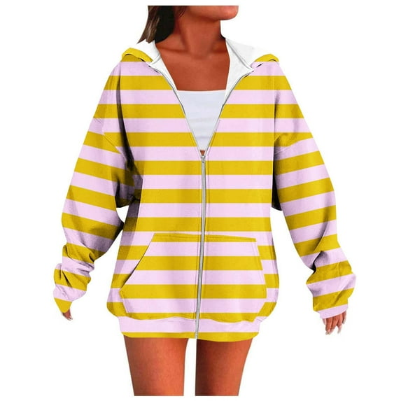AGWOLF Zip Up Hoodie for Women Lightweight Striped Hooded Sweatshirt with Pockets Vintage Long Sleeve Jacket