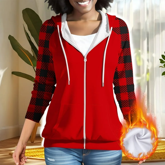 AGWOLF Zip Up Hoodies for Women Trendy Checkered Color Block Sweatshirts Y2k Cardigan Drawstring Long Sleeve Tops