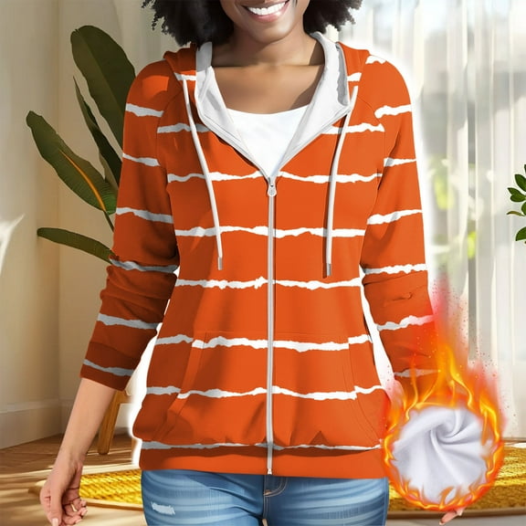 AGWOLF Zip Up Sweatshirt Women Fashion Striped Long Sleeve Sweatshirt Hooded Drawstring Travel Jacket Coat