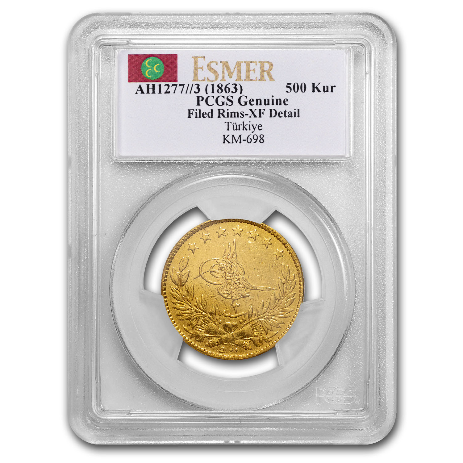 AH 1277//3 (1863) Turkey Gold 500 Kurush XF Details PCGS