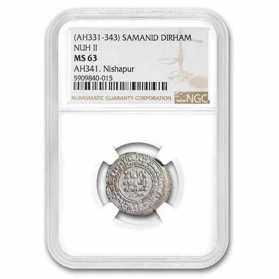 AH 331-343 Samanid Dynasty AR Dirham Nuh II MS-63 NGC