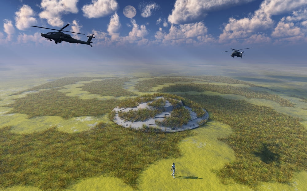 AH-64 Apache Black Ops helicopters flying around a crop circle with UFO at center Canvas Art - Mark StevensonStocktrek Images (18 x 12)