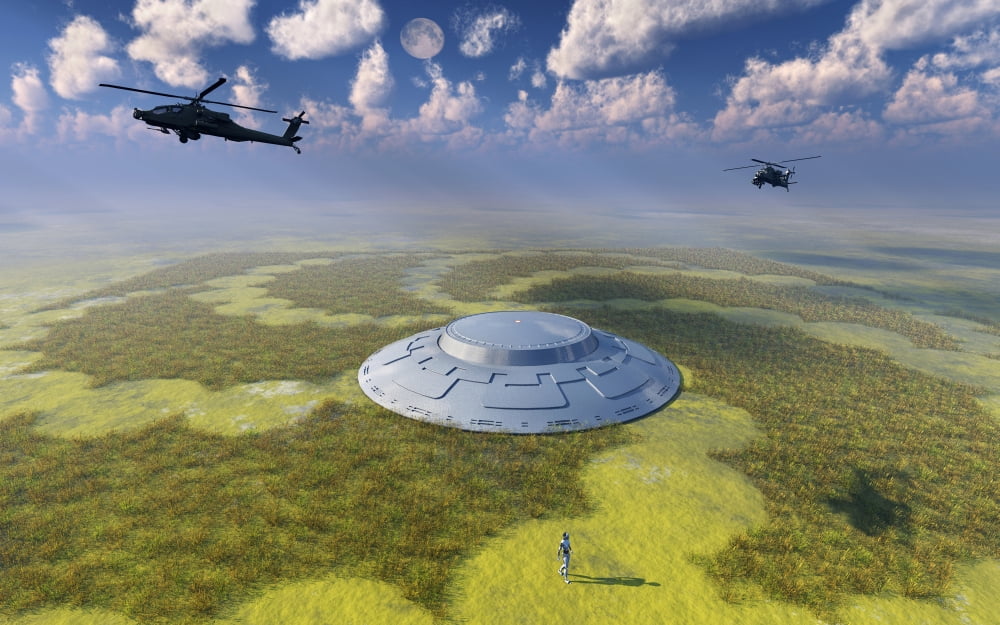 AH-64 Apache Black Ops helicopters flying around a crop circle with UFO at center Canvas Art - Mark StevensonStocktrek Images (18 x 12)
