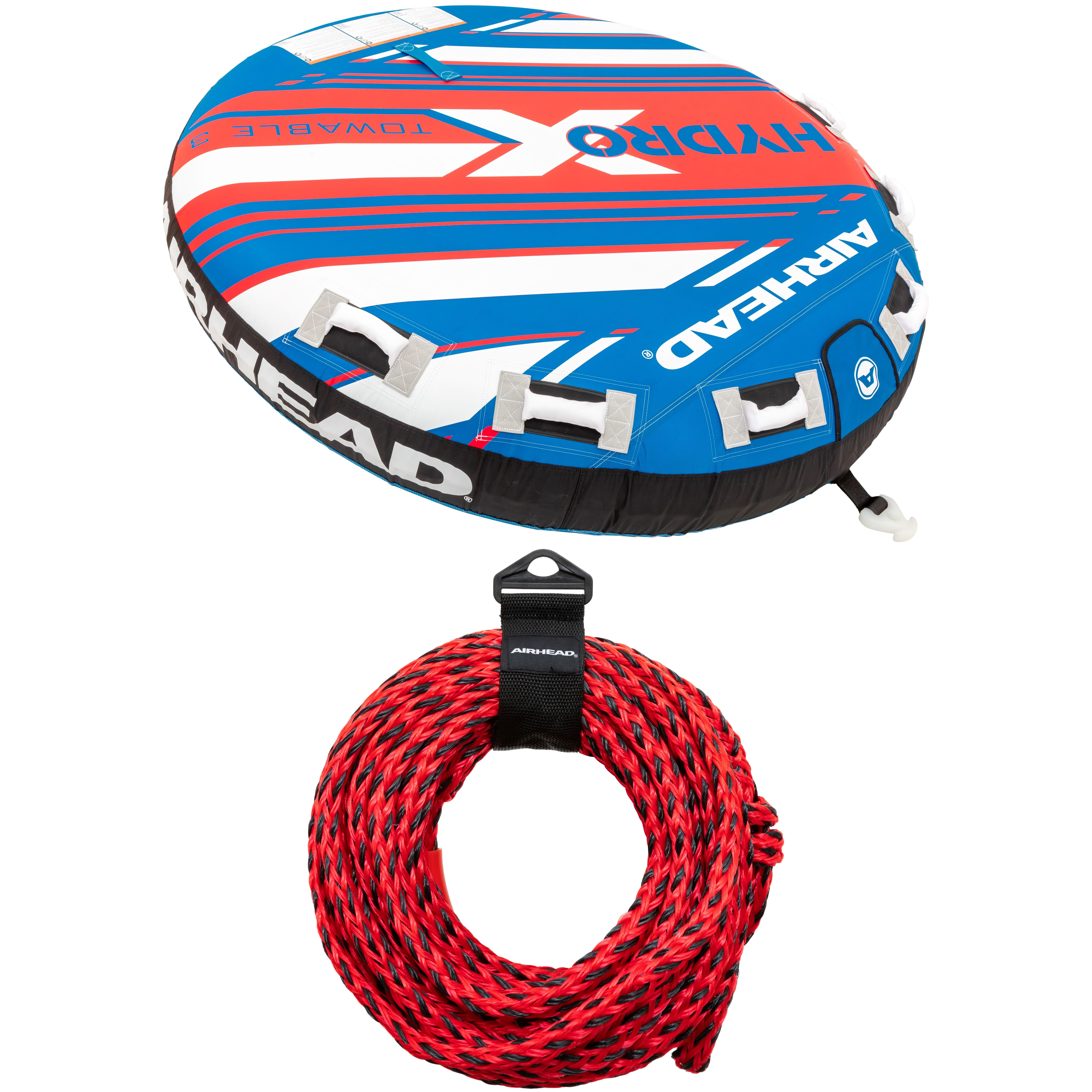 Airhead Hydro X 3-Person Towable Tube and 60ft UV Resisant Tow Rope Bundle, Includes Towable Tube and Tow Rope