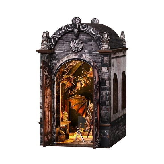 AH02-002 Dragon’s Hideaway: Secret Realm, DIY Wooden Book Nook Kit, 3D Miniature House with Warm LED, Bookshelf Decor, Creative Handcraft Gift