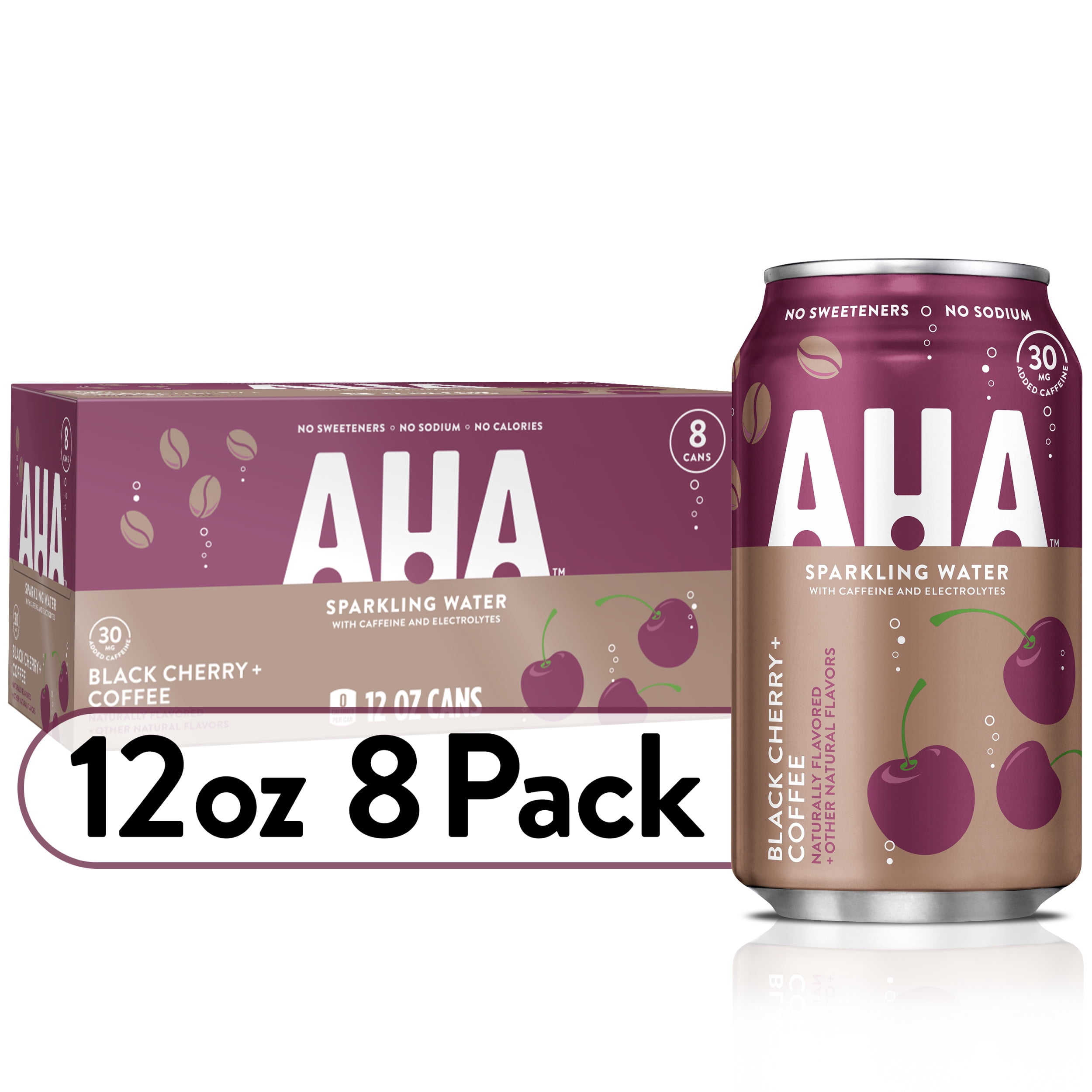 AHA Sparkling Water, Black Cherry + Coffee Flavored Water, with Caffeine & Electrolytes, Zero Calories, Sodium Free, No Sweeteners, 12 fl oz, 8 Pack