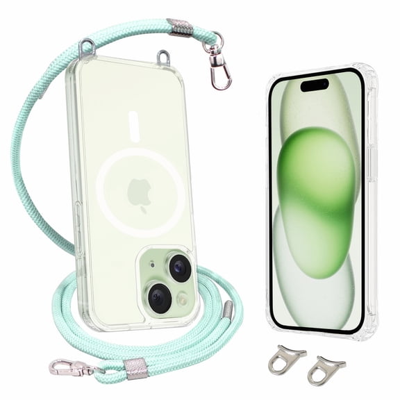 AHABIPERS Clear Magnetic Case for iPhone 15 6.1" with Crossbody Adjustable Neck Shoulder Lanyard Strap - Green [Compatible with Magsafe]