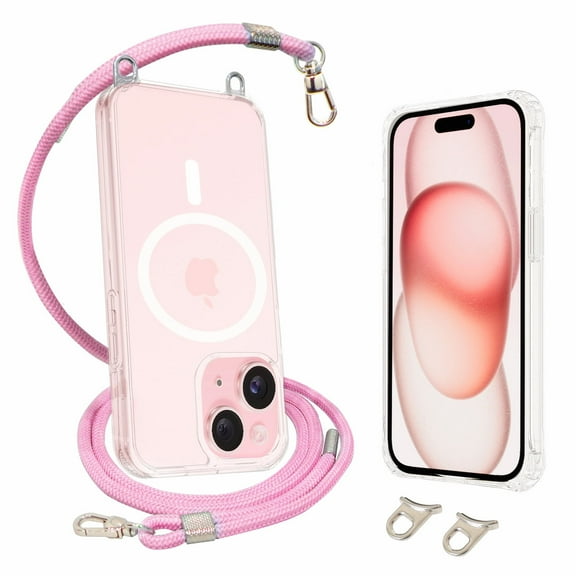 AHABIPERS Crossbody Strap Magnetic Clear Phone Case for iPhone 15 6.1", with Adjustable Neck Lanyard[Pink] Shockproof Protective Case[Compatible with Magsafe]