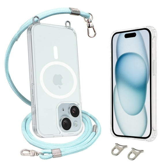 AHABIPERS Magnetic Case for iPhone 15 6.1", Compatible with Magsafe, with Crossbody Strap Adjustable Neck Lanyard - Blue