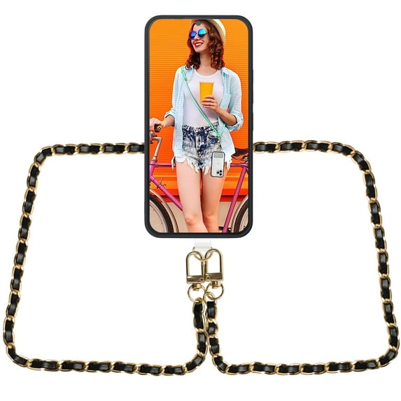 AHABIPERS Phone Lanyard Neck Strap, Leather&Metal Lanyard Purse Chain, Universal Phone Chain for Smart Phone Cases, Most Bag - Black