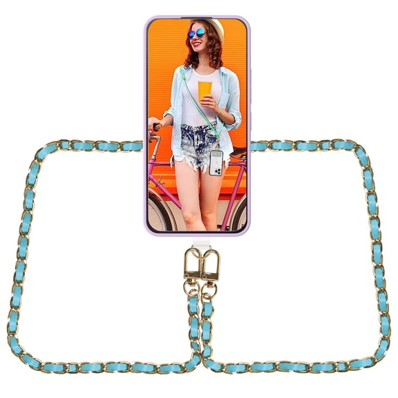 AHABIPERS Phone Lanyard Neck Strap, Leather&Metal Lanyard Purse Chain, Universal Phone Chain for Smart Phone Cases, Most Bag - Blue
