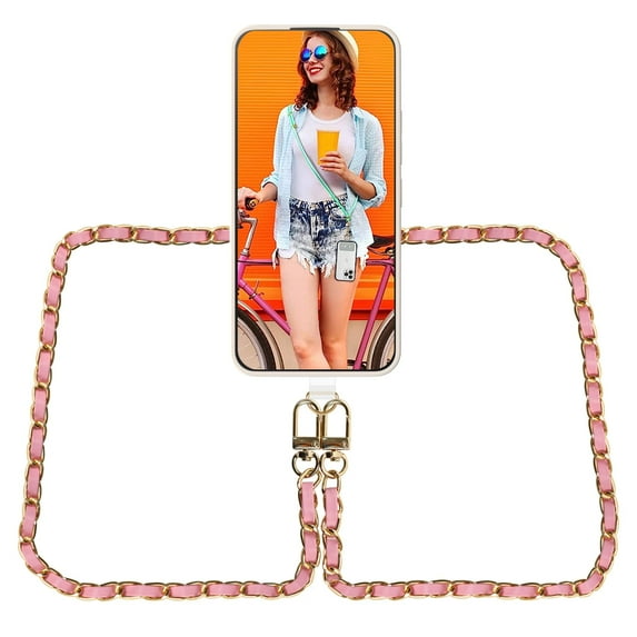 AHABIPERS Phone Lanyard Neck Strap, Leather&Metal Lanyard Purse Chain, Universal Phone Chain for Smart Phone Cases, Most Bag - Pink