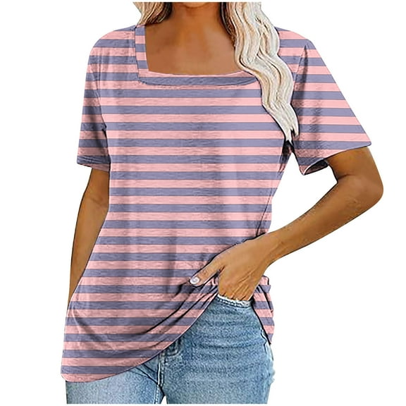 AHABREXF Womens Striped Short Sleeve T Shirts Casual Square Neck Summer Tee Tops, Size S-2XL