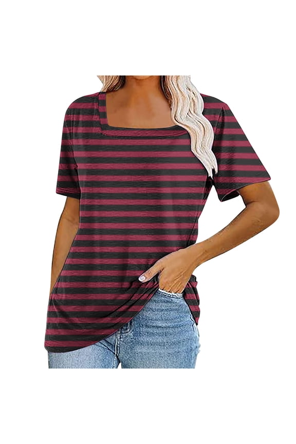 Womens Striped Short Sleeve T Shirts Casual Square Neck Summer Tee Tops, Size S-2XL