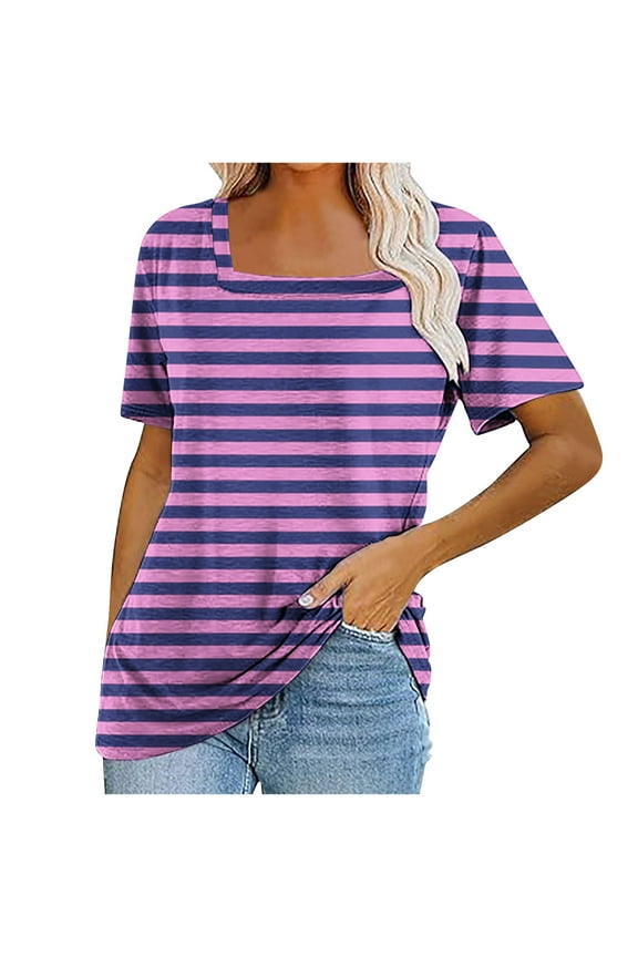 Womens Striped Short Sleeve T Shirts Casual Square Neck Summer Tee Tops, Size S-2XL