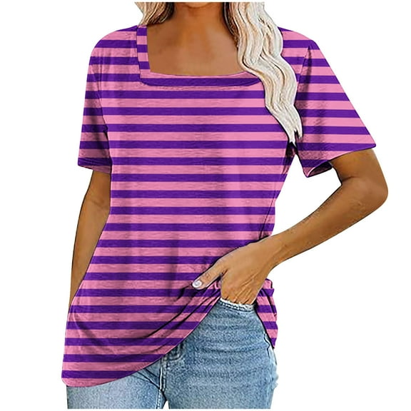 AHABREXF Womens Striped Short Sleeve T Shirts Casual Square Neck Summer Tee Tops, Size S-2XL