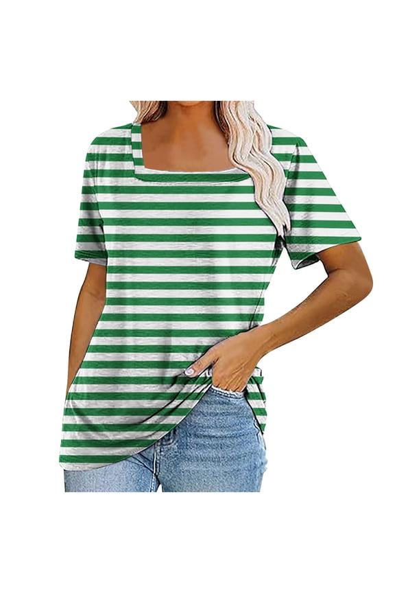 Womens Striped Short Sleeve T Shirts Casual Square Neck Summer Tee Tops, Size S-2XL