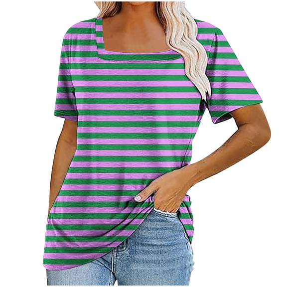 AHABREXF Womens Striped Short Sleeve T Shirts Casual Square Neck Summer Tee Tops, Size S-2XL