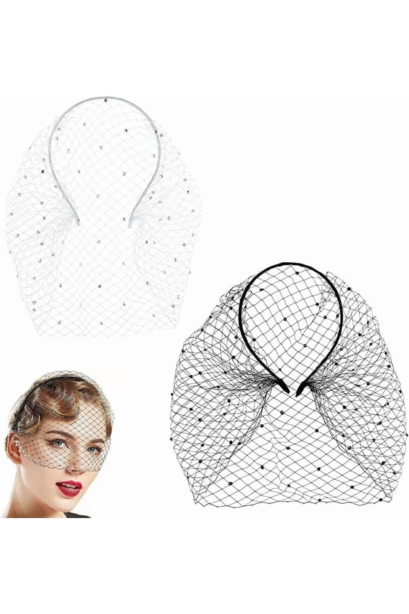 AHANDMAKERR 2Pcs Flapper Veil Headband - Black and White Birdcage Mesh Face Veil Headpiece for Bridal Tea Party and Vintage Weddings for DIY