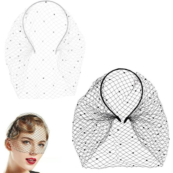 AHANDMAKERR 2Pcs Flapper Veil Headband - Black and White Birdcage Mesh Face Veil Headpiece for Bridal Tea Party and Vintage Weddings