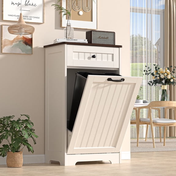 AHB 10 Gallons Tilt Out Trash Cabinet, Hidden Trash Can Kitchen Wooden Tilt Out Pet Proof Hidden Trash Bin for Kitchen Living Room,White