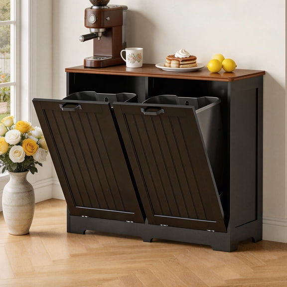 AHB 10 Gallon Tilt Out Trash Cabinet with Drawer, Freestanding Kitchen Trash Can Storage Organizer, 39"L x 13"W x 29.3"H, Black