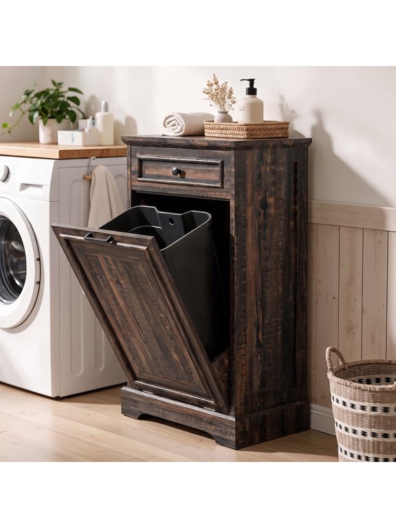 13 Gallon Single Tilt Out Trash Cabinet, Pet Proof Kitchen Trash Can Storage Organizer, 20.9"L x 13.55"W x 38.5"H, Dark Brown