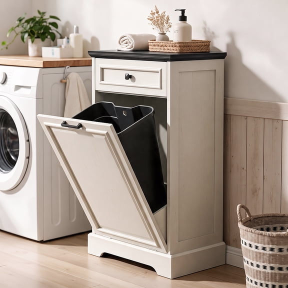 AHB 13 Gallon Single Tilt Out Trash Cabinet, Pet Proof Kitchen Trash Can Storage Organizer, 20.9"L x 13.55"W x 38.5"H, White with Black Top