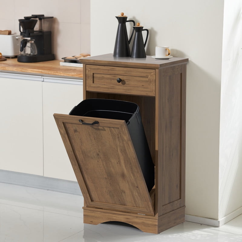 AHB 13 Gallon Tilt Out Kitchen Trash Cabinet with Drawer, Single Trash Can Storage Organizer, 20.9"L x 13.55"W x 38.5"H , Dark Wood