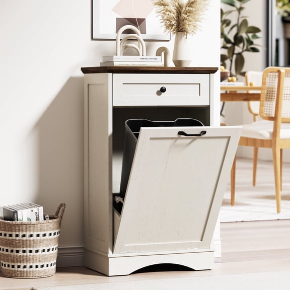 AHB 13 Gallon Tilt Out Kitchen Trash Cabinet with Drawer, Single Trash Can Storage Organizer, 20.9"L x 13.55"W x 38.5"H , White