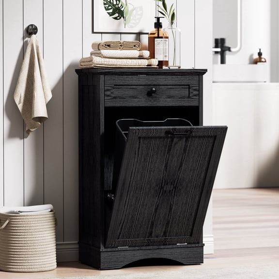 AHB 13 Gallon Tilt Out Kitchen Trash Cabinet with Drawer, Single Trash Can Storage Organizer for Kitchen, 20.9"L x 13.55"W x 38.5"H , DarkBlack