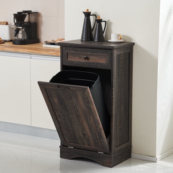 HARIPUL Single Tilt Out Trash Cabinet for 13 Gallon Trash Can, Laundry Hamper Tilt Out Pet Proof Trash Cabinet for Kitchen, Dark Brown