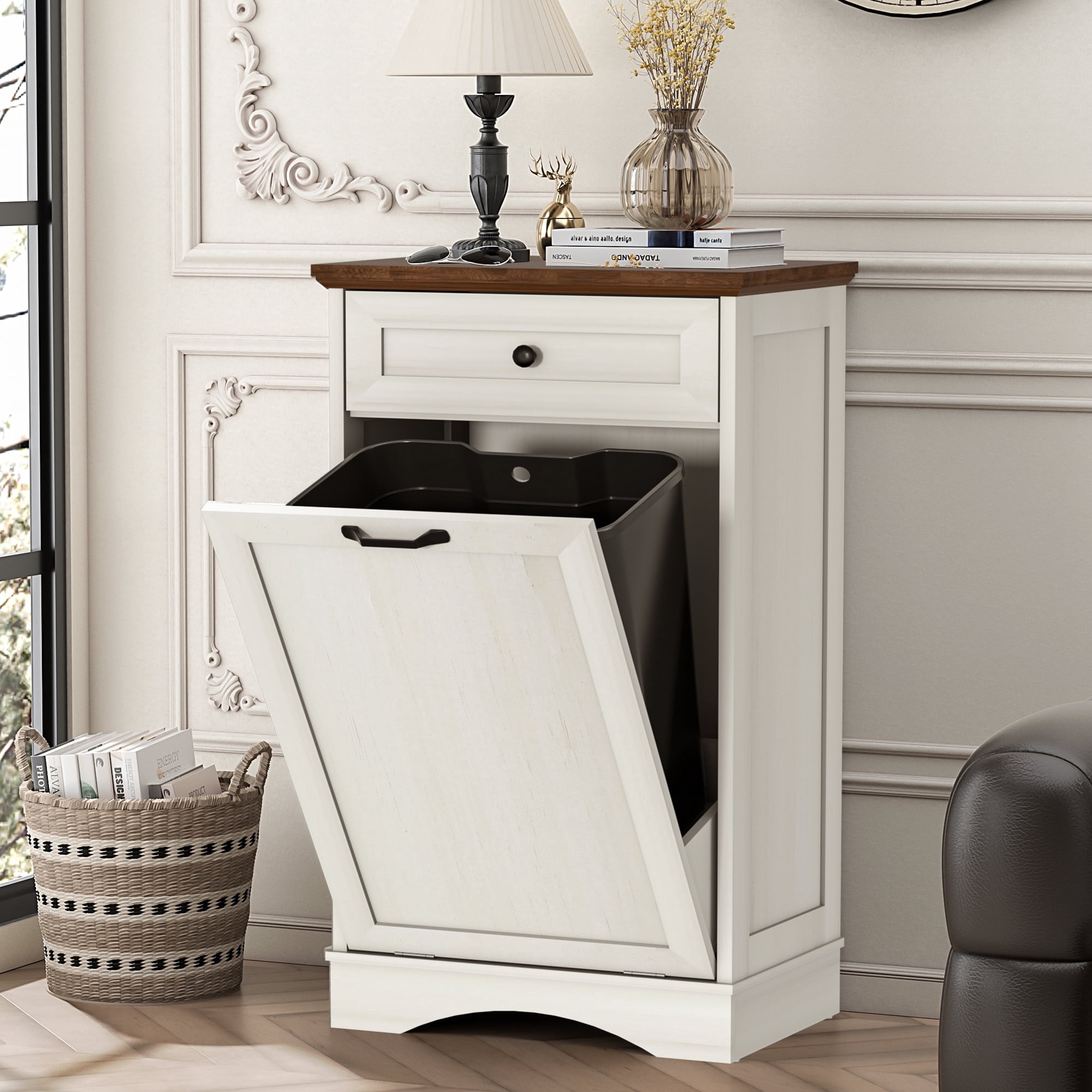 HARIPUL 13 Gallon Tilt Out Trash Cabinet for Kitchen, Single Kitchen Trash Can Cabinet with Drawers, White