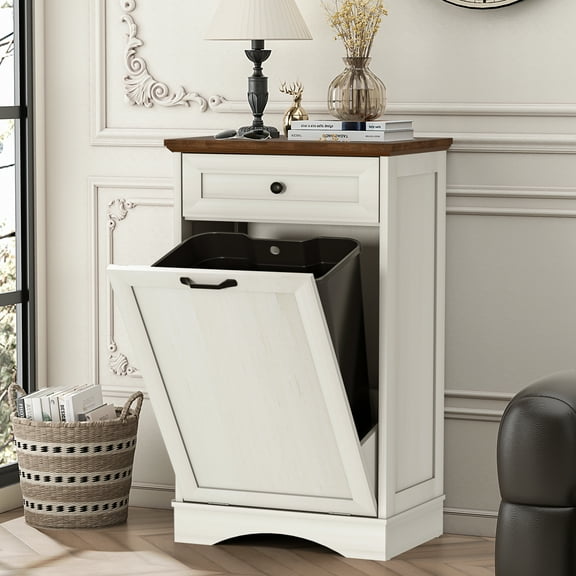 HARIPUL 13 Gallon Tilt Out Trash Cabinet for Kitchen, Single Kitchen Trash Can Cabinet with Drawers, White