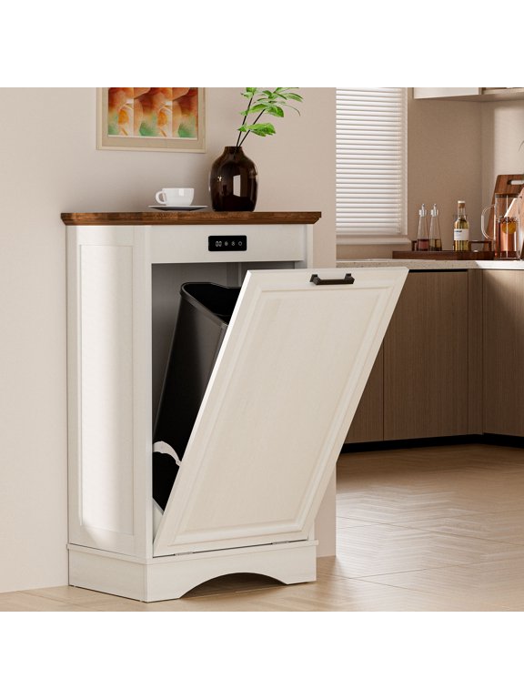 13 Gallon Tilt Out Trash Cabinet with Deodorizing Function, Freestanding Kitchen Trash Can Storage Organizer, 20.86"L x 13.58"W x 35.43"H, White